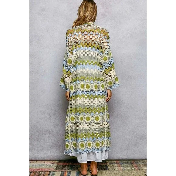 POL Scalloped Edge Open Front Crochet Cardigan with Colorful Stripe Pattern - Picture 4 of 5